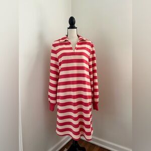 Deep Salmon and Light Pink Striped Long Sleeve Collared Dress w Pockets